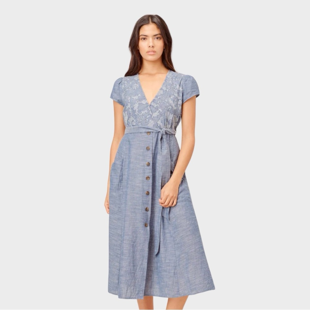 Love Stitch Janie Denim Blue Embroidered Midi Dress